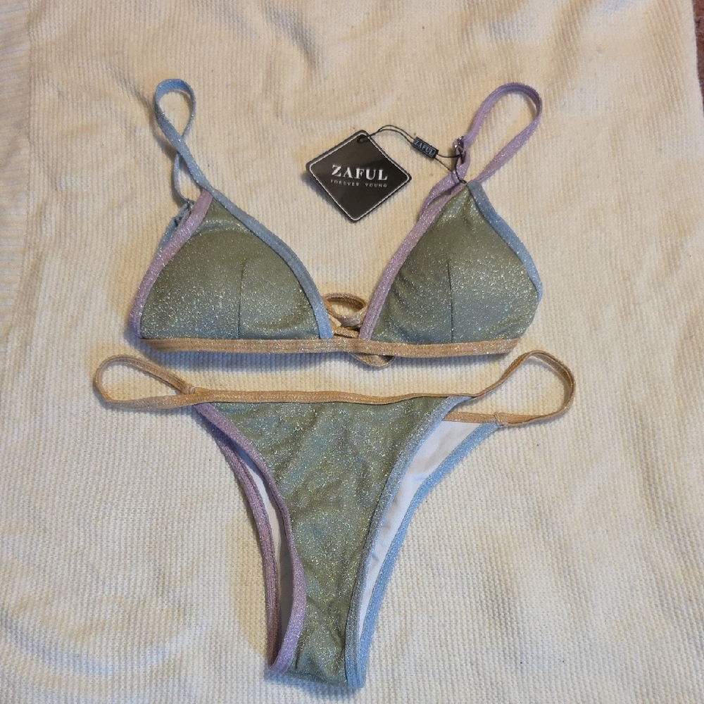 New With Tags Zaful Olive Green Shimmer Triangle Bikini with Pastel Trim Small